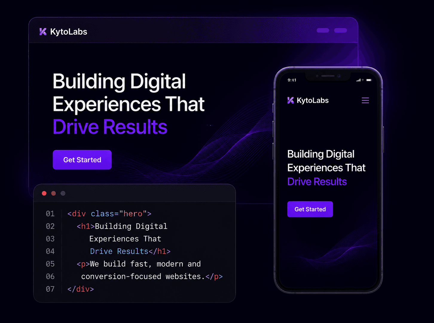 Responsive website development across desktop, mobile, and code editor